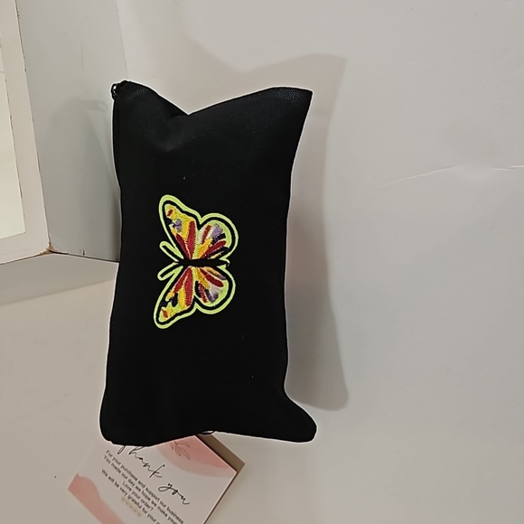 Hand Crafted black canvas pencil case zipper bag embroidery skull & butterfly - Picture 10 of 17